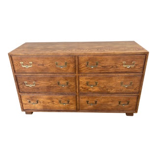 Henredon Artefacts 6 Drawer Wood Campaign Style Dresser Brass Handles For Sale
