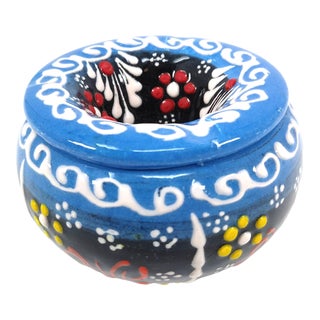 Turkish Blue Handmade Ceramic Ashtray With Lid For Sale