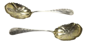 1860s Antique American Victorian Brite Cut Engraved Coin Silver Serving Spoons - a Pair