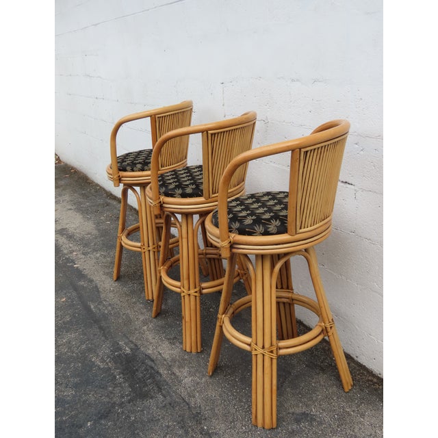 Hollywood Regency Swivel Bamboo Rattan Barstools a Set of Three 6380 For Sale - Image 14 of 17