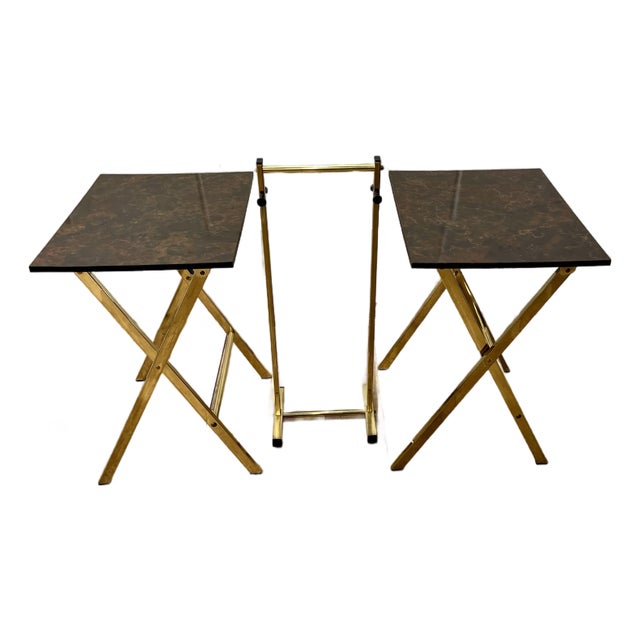 Vintage Set of Brass and Faux Tortoise Snack Tables With Stand For Sale