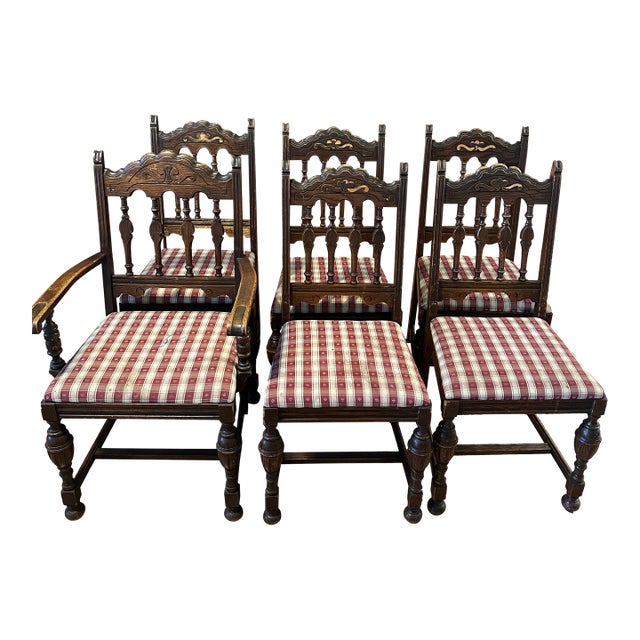 Set of 6 Vintage Drexel Furniture Co. Jacobean Revival Dining Chairs For Sale