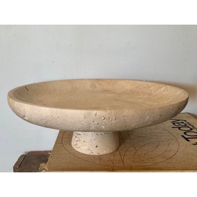 Tan Organic Modern Travertine Style Pedestal Bowl – Mediterranean Stone Compote Centerpiece For Sale - Image 8 of 12