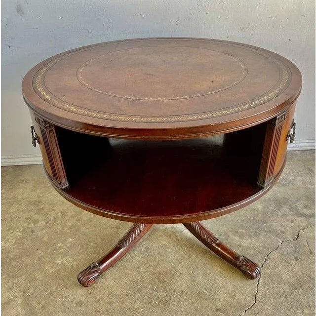 Regency Drum Table With Leather Top, Flame Mahogany, England, 1930s For Sale - Image 4 of 9