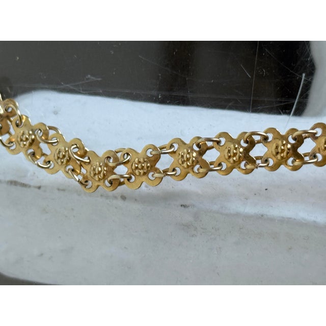 Gold Vintage 1960s Gold Tone Etruscan Revival Fringe Bib Collar Necklace With Faux Coral Dangles For Sale - Image 8 of 10