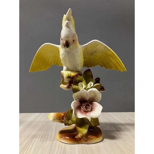 1940s California Pottery Ceramic Tropical Cockatoo on Hibiscus Branch Statue For Sale - Image 13 of 13