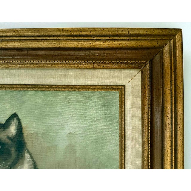 Beautiful blue eyed seated cat with ball signed oil on canvas painting. Painting without frame measures 10.5 inches wide x...