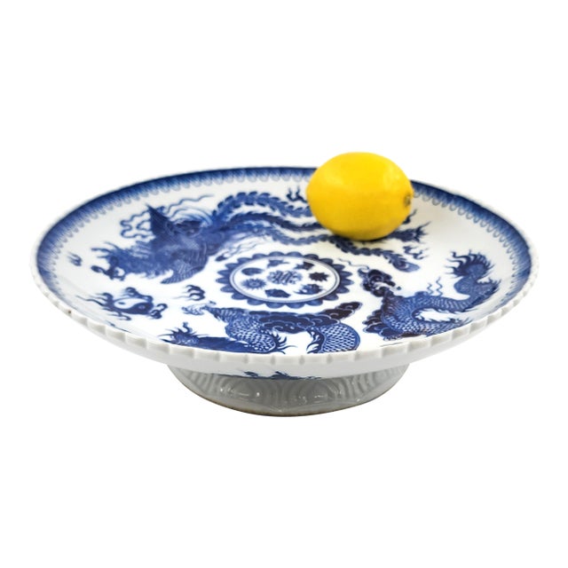Late 20th Century Hand-Painted Bat Trang Blue & White Porcelain Pedestal Serving Dish With Dragon Motif For Sale
