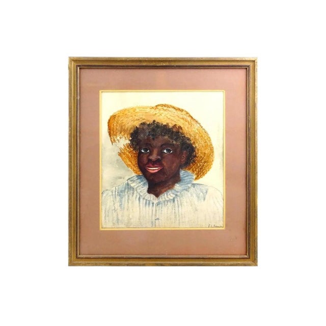 An American School Folk Art pastel painting on paper depicting a portrait of an Afro American boy. Signed by the artist,...