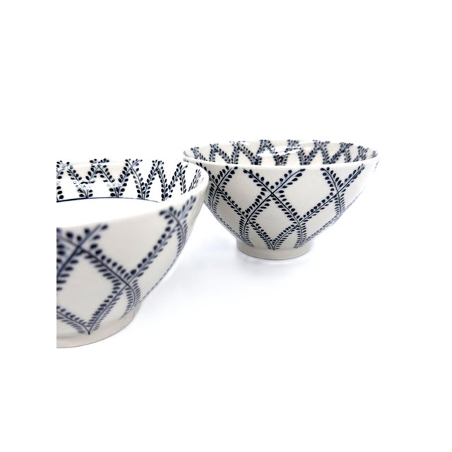 Ceramic Handcrafted Bat Trang Vietnamese Ceramic Pho or Ramen Bowls With Blue & White Vine Motif - Set of 4 For Sale - Image 7 of 11