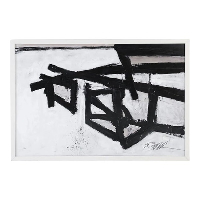 Manner of Franz Kline, Monumental Mid-Century Modern Op Art Black and White Framed Painting Canvas Art For Sale