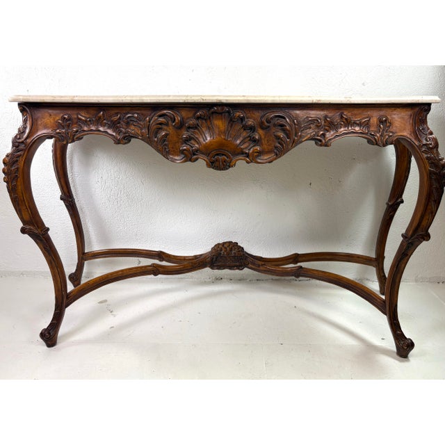 Antique Italian Marble Topped Hand Carved Walnut Console For Sale - Image 12 of 12