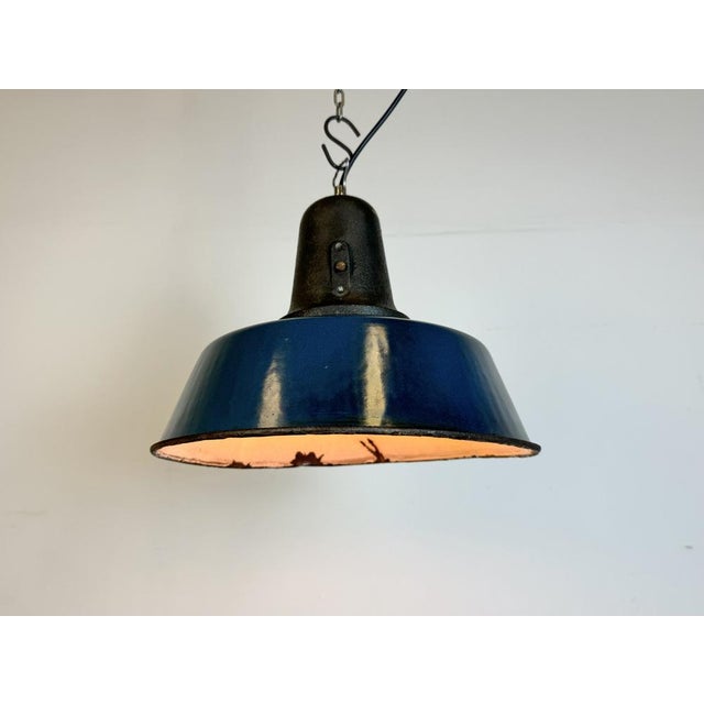 Industrial Blue Enamel Factory Lamp with Cast Iron Top, 1960s For Sale - Image 18 of 18