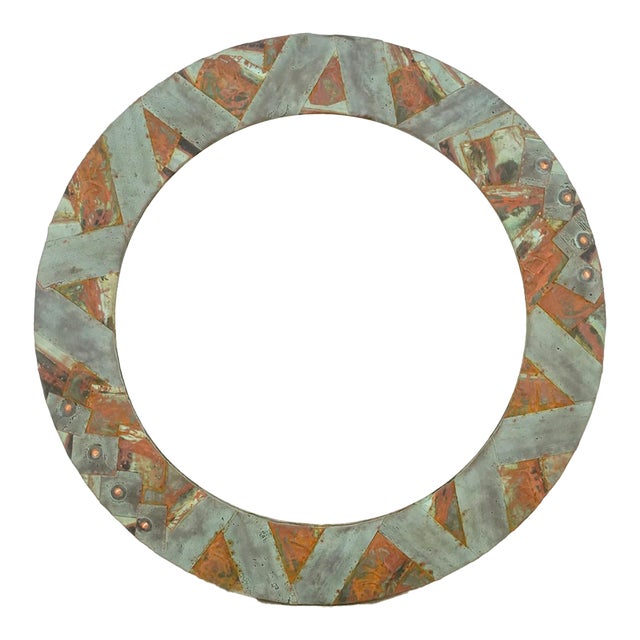 Handcrafted 33 In. Round Copper Collage Art Wall Mirror For Sale