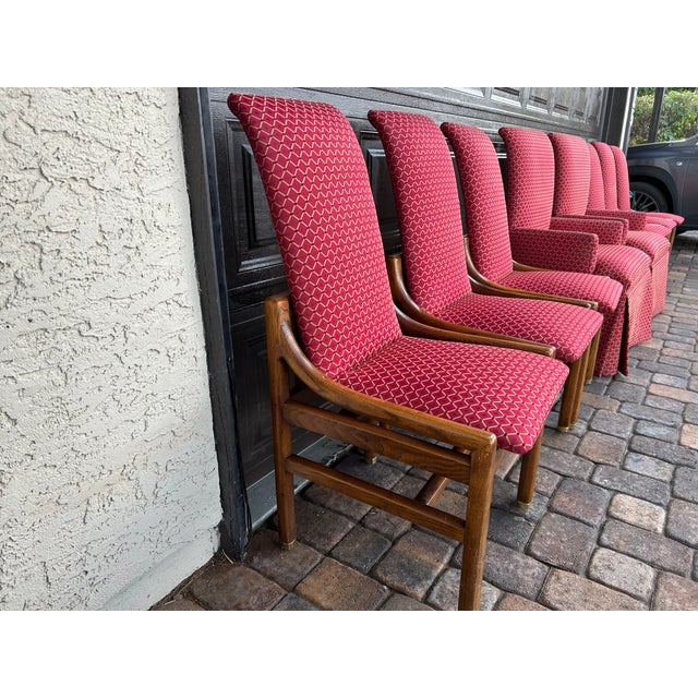 Henredon dining chairs (6 side + 2 armchairs). Crafted in rich walnut with elegant high/tall upholstered backs, curved...