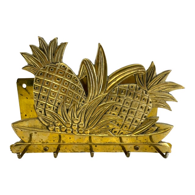 Vintage Brass Pineapple Wall Rack With Hooks, Hollywood Regency Key Holder For Sale