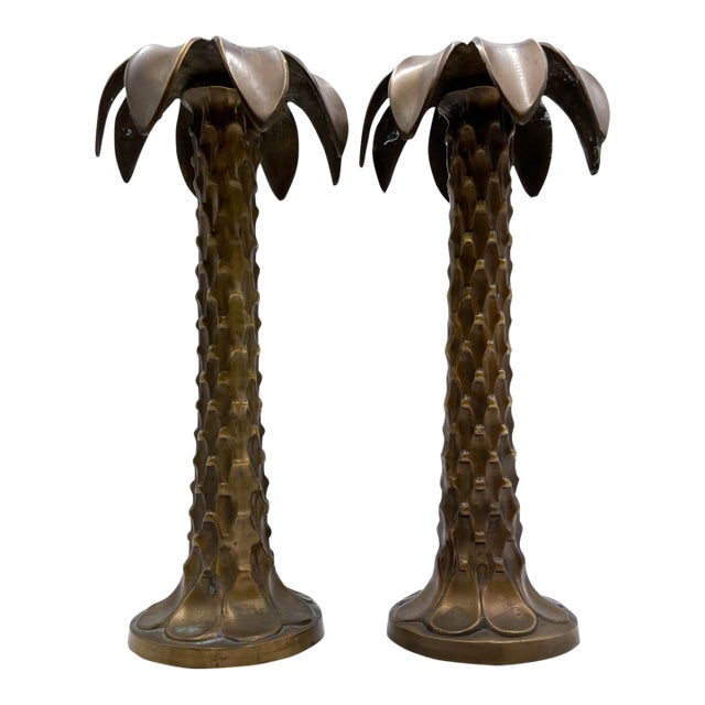 Vintage Hollywood Regency Solid Brass Palm Tree Candlesticks – A Pair For Sale