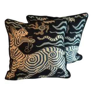 Set of 2 Blue Chinoiserie Tibet Dragon Designer Pillows For Sale