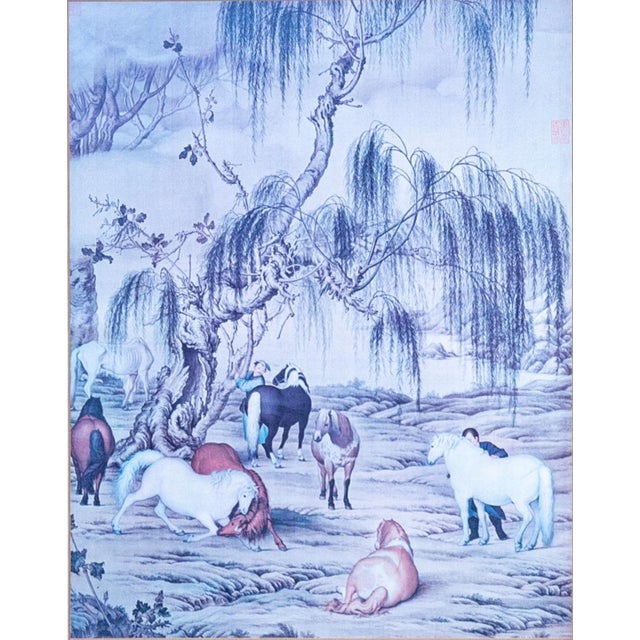 Framed Giuseppe Castiglione Eight Horses Chinoiserie Print in Faux Bamboo Frame A sophisticated framed decorative art...