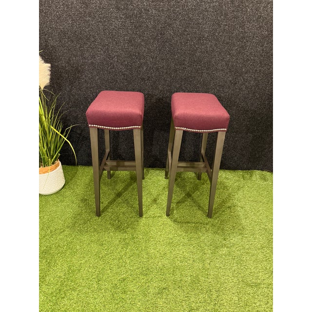 Contemporary Ethan Allen Backless Bar Stools in Plum Velvet With Nailhead Trim - A Pair For Sale - Image 3 of 4