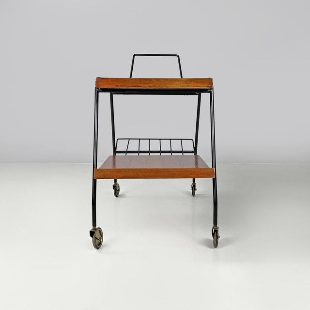 Mid-Century Modern Italian Wood and Black Metal Trolley with Brass Wheels, 1960s For Sale - Image 9 of 17