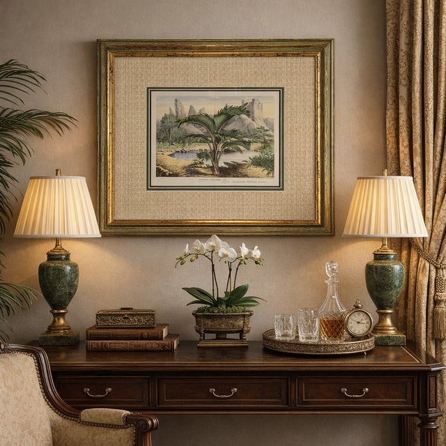 This exquisite 19th-century botanical chromolithograph features Phoenicophorium sechellarum, an elegant palm species...