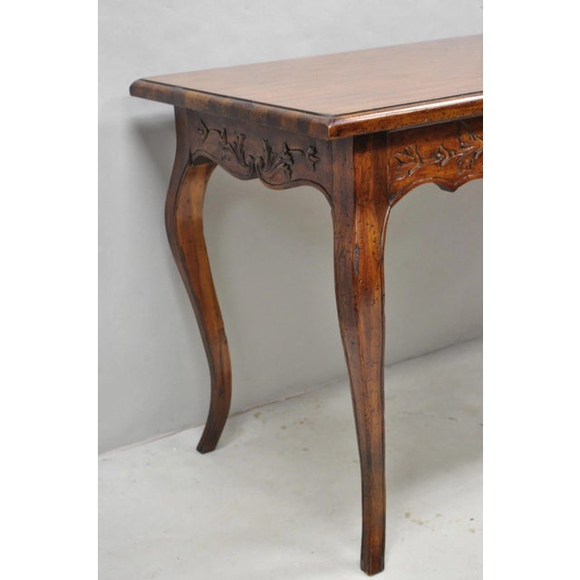 Vintage French Country Pine Wood Distress Floral Carved 1 Drawer Writing Desk For Sale - Image 10 of 14