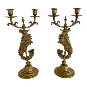 Antique Brass Phoenix Bird Tall Candelabras- a Pair