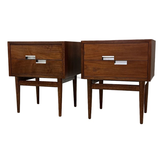 1960s Refinished American of Martinsville Walnut and Aluminum Nightstands - A Pair For Sale
