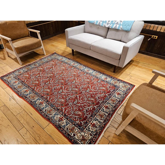 Vintage Persian Qum Area Rug, Hand-Knotted Wool, Allover Paisley & Vine Pattern, 5x7, Red & Ivory For Sale - Image 10 of 18