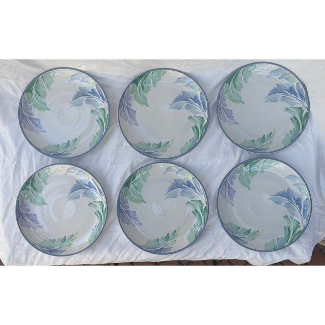 Pastel Palm Leaves Stoneware Dinner Plates- Set of 6 For Sale - Image 4 of 8