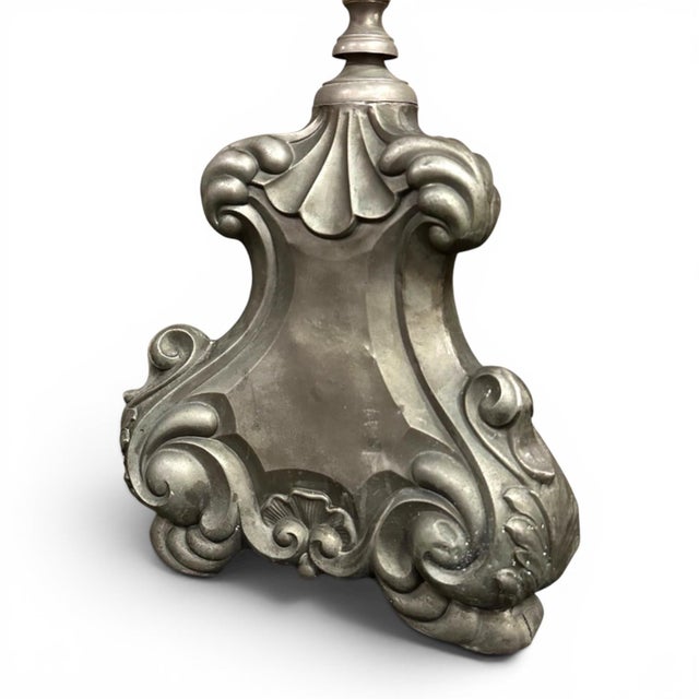 Pair Antique Solid Pewter Baroque Style Candlestick Floor Lamps For Sale - Image 10 of 12