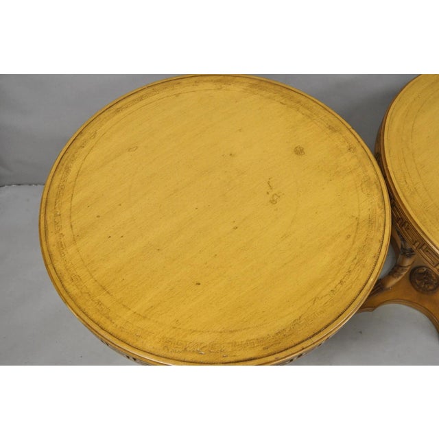 Wood Vintage Italian Regency Round Leather Top Greek Key Carved Side Tables - A Pair For Sale - Image 7 of 15
