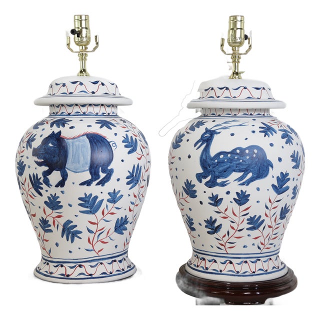 Pair of Vintage Brunschwig & Fils Cadiz Table Lamps With Lid - Blue and White Ceramic With Boar and Deer Motif For Sale