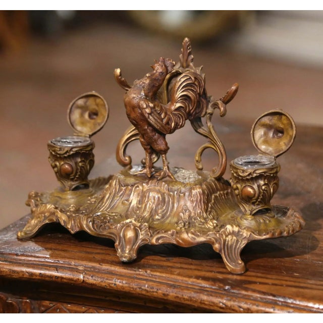 Metal 19th Century French Gilt Spelter Inkwell With Rooster Sculpture Signed A. Bossu For Sale - Image 7 of 12