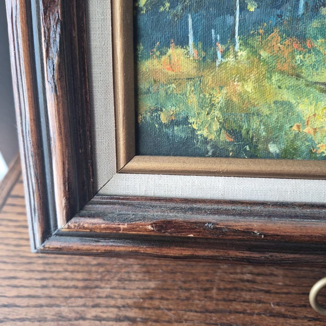 Blue VTG 85' Mountain Lake Landscape Painting on Canvas Signed Original 12x16" Framed For Sale - Image 8 of 16