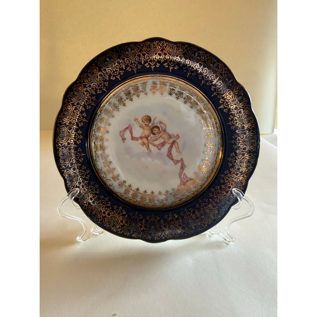 Carlsbad Porcelain Antique Victoria Carlsbad Austria Cobalt & Gilt Cherub Cabinet Plates – Set of 4 For Sale - Image 4 of 11