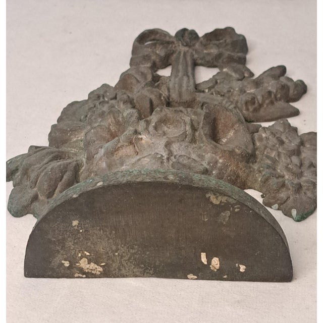 Antique Solid Cast Brass Floral Basket Doorstop With Bow and Verdigris Patina For Sale - Image 9 of 11
