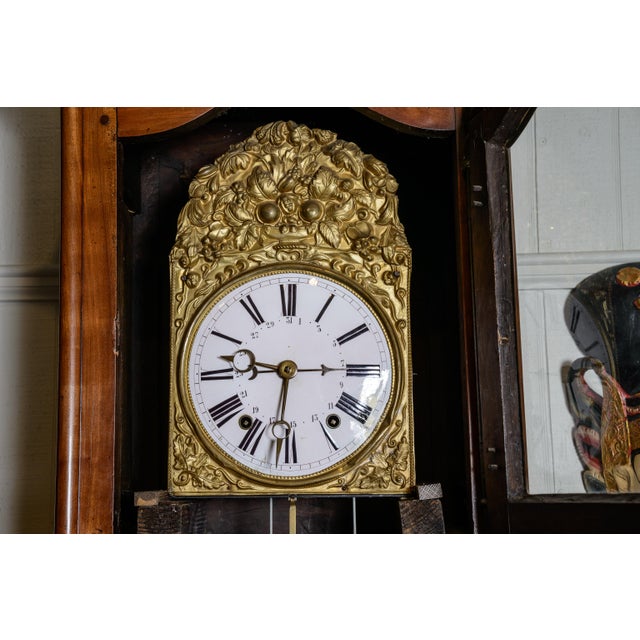 French French Cherry Grandfathers Clock, Brass Face and Striking Bell For Sale - Image 3 of 10