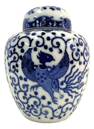 Vintage Petite Blue and White Phoenix Ginger Jar/ Double Steaming Jar