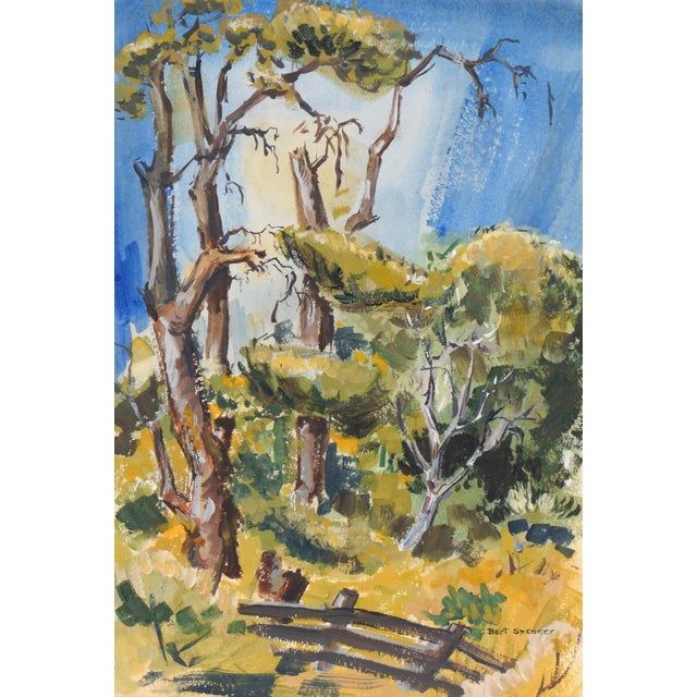 Modern Mid Century Modern Vertical Landscape With Fence in Acrylic on Paper by Bertram Spencer For Sale - Image 3 of 9