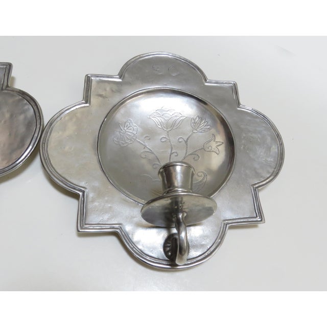 Metal Match Quatrefoil Polished Pewter Wall Sconces - A Pair For Sale - Image 7 of 9