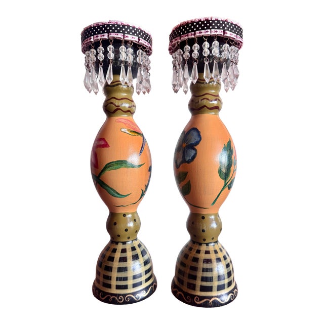 Tracy Porter Hand Painted Stonehouse Farm Goods Candle Sticks For Sale