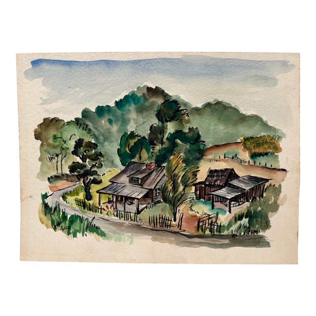 Henry Emil Salloch Original Watercolor on Paper Rural Homestead, 1950. For Sale