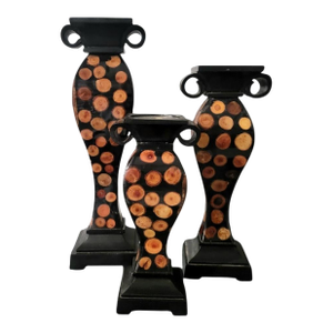 Sliced Mango Wood and Black Varied Sized Handsome Pillar Candle Holders- Set 3