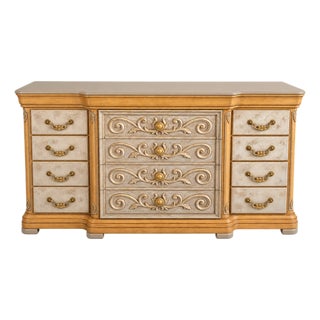 Vintage French Provincial 12-Drawer Serpentine Dresser • 73” Long • Hand-Carved Details • Taupe, Ivory & Antique Gold For Sale