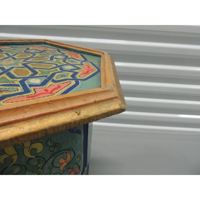 Moroccan Blue & Green Painted Moorish Hexagonal Drinks Table. Tabouret Wood side table, floral pattern. Size: 14"D x 14"W...