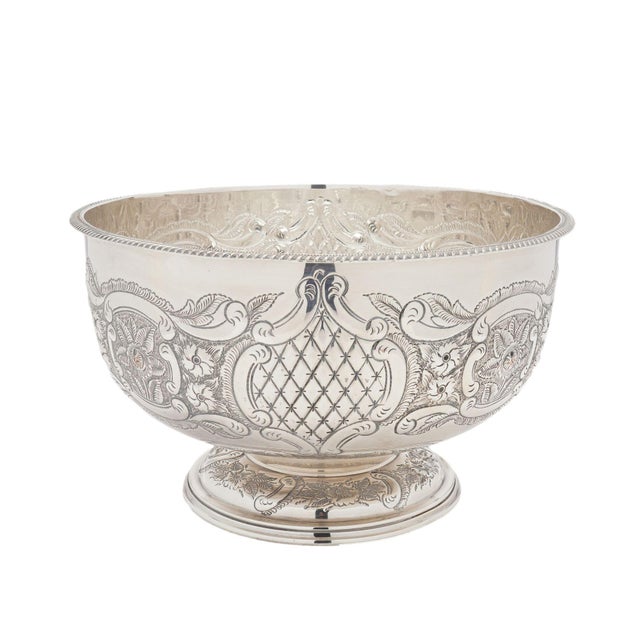 English Vintage Hand Chased English Sheffield Punch Bowl & Tray, C. 1900-50 For Sale - Image 3 of 12