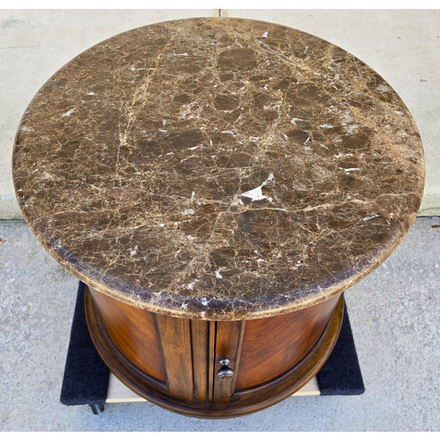 Vintage Round Brown Marble Top Drum Side End Center Table With Storage Cabinet For Sale In Miami - Image 6 of 13