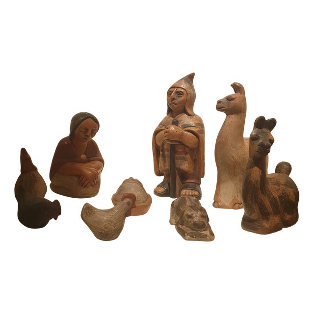 Vintage Peruvian Hand-Painted Terracotta Nativity Scene, 1970s, Set of 9 For Sale